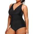 thumbnail image 2 of GHSDFBB Women Plus Size One Piece Swimsuits V Neck Tummy Control Bathing Suits Retro Ruched Swimwear, 2 of 6