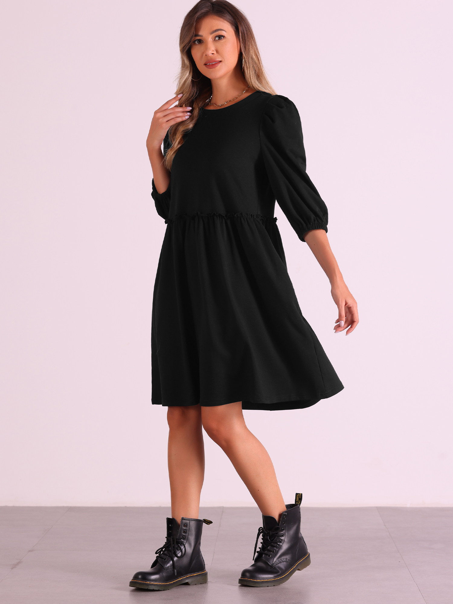 DARING DIVA Casual Scoop Neck Pocket Babydoll Dress S Black