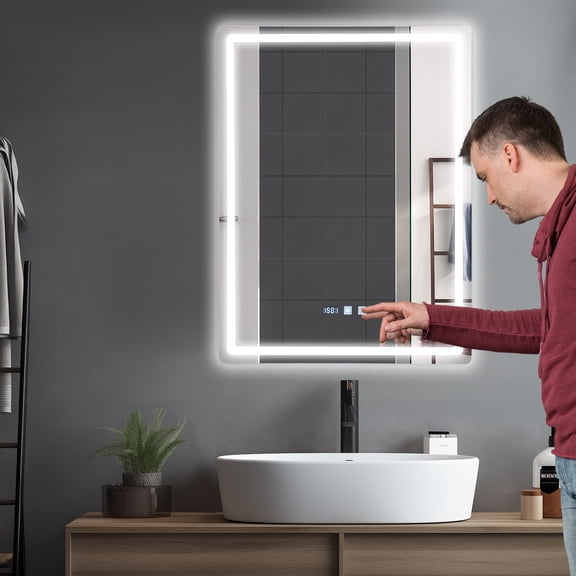 LED Bathroom Mirror 24x31.5in Silver Dimmable Touch Screen Mirror with Defogger & Time Temperature Display