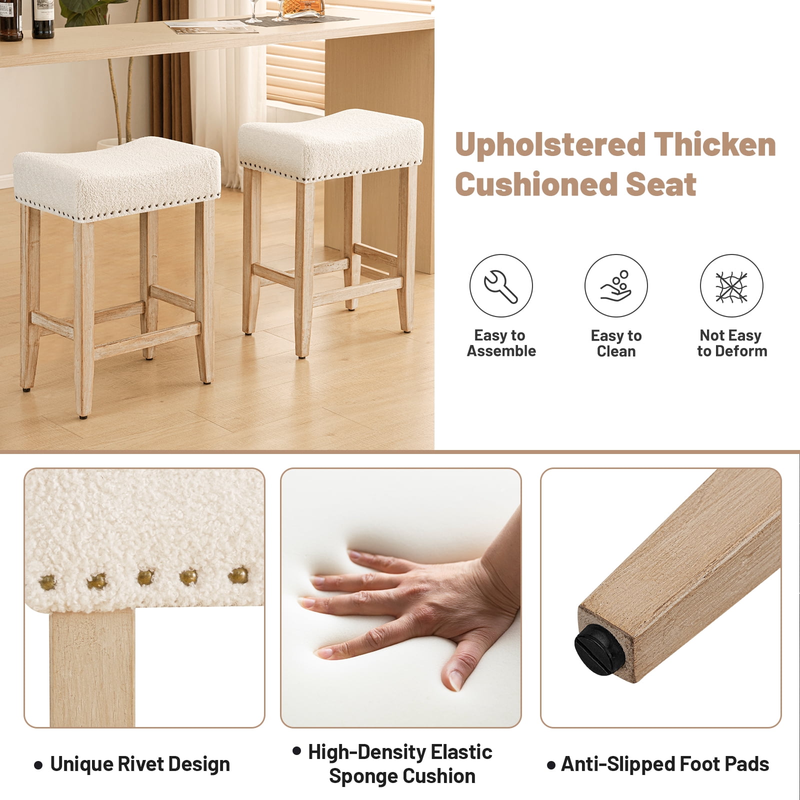 Furniliving 26" Modern Saddle Barstools, Sherpa Backless Kitchen Counter Bar Stool, Set of 2, Beige