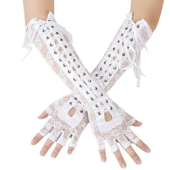 GPOECD Fingerless Gloves Elbow Length Lace Arm Warmers Gothic Witch Accessory For Halloween Party White,One Size