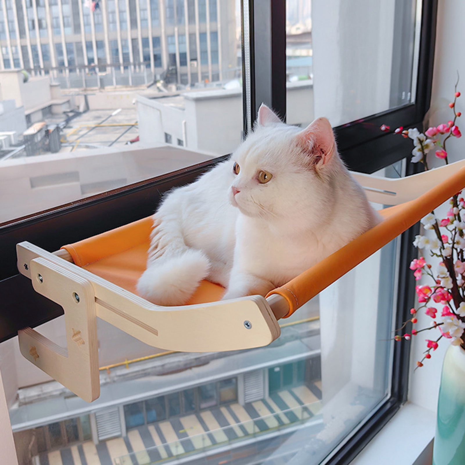 YIFAEUX Cat Hammock Window Perch Adjustable Cat Bed with Wood Frame No Drilling Pet Hammock for Bedside Windowsill Indoor Cats