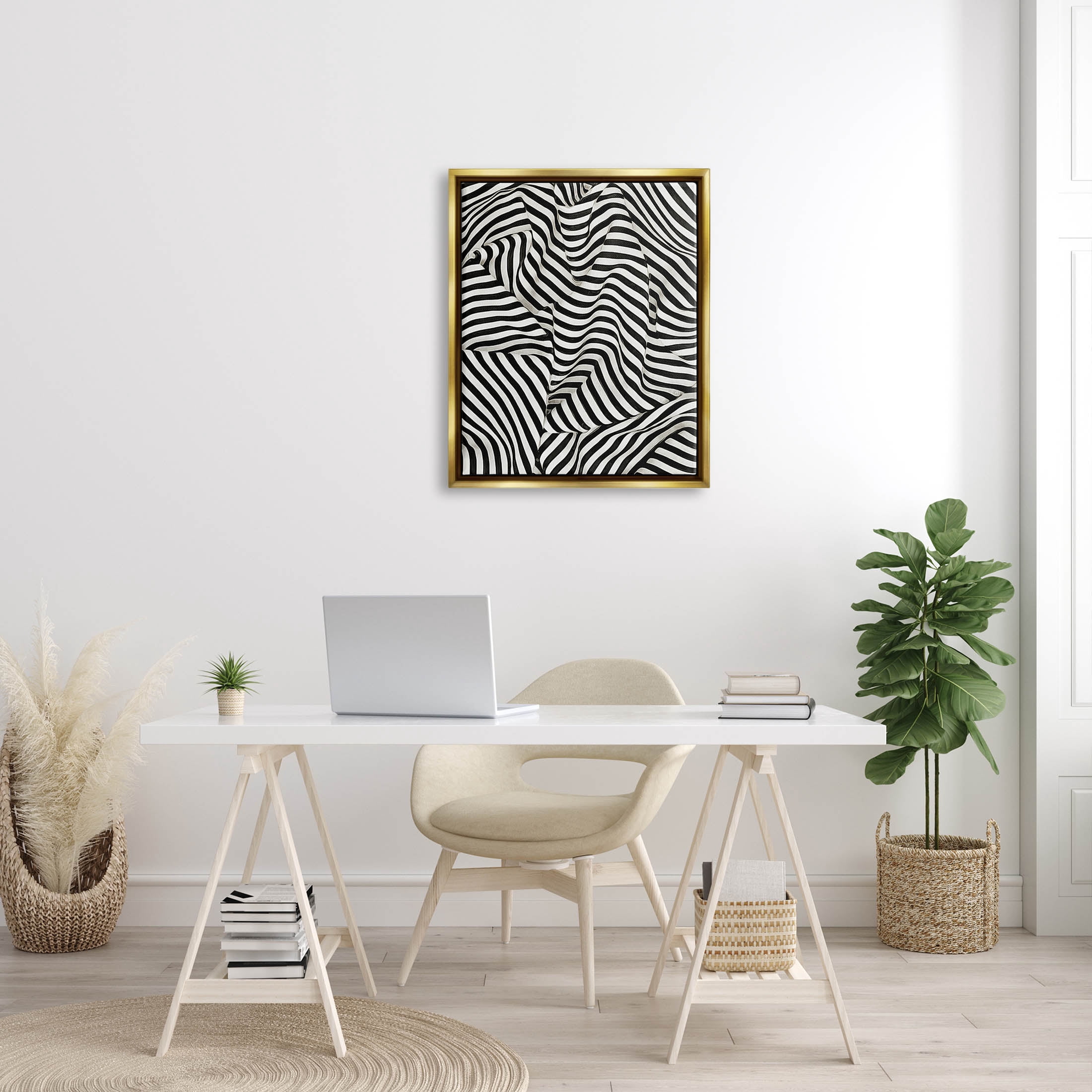 Folded Striped Drapery Pattern Abstract Graphic Art Metallic Gold Framed Art Print Wall Art