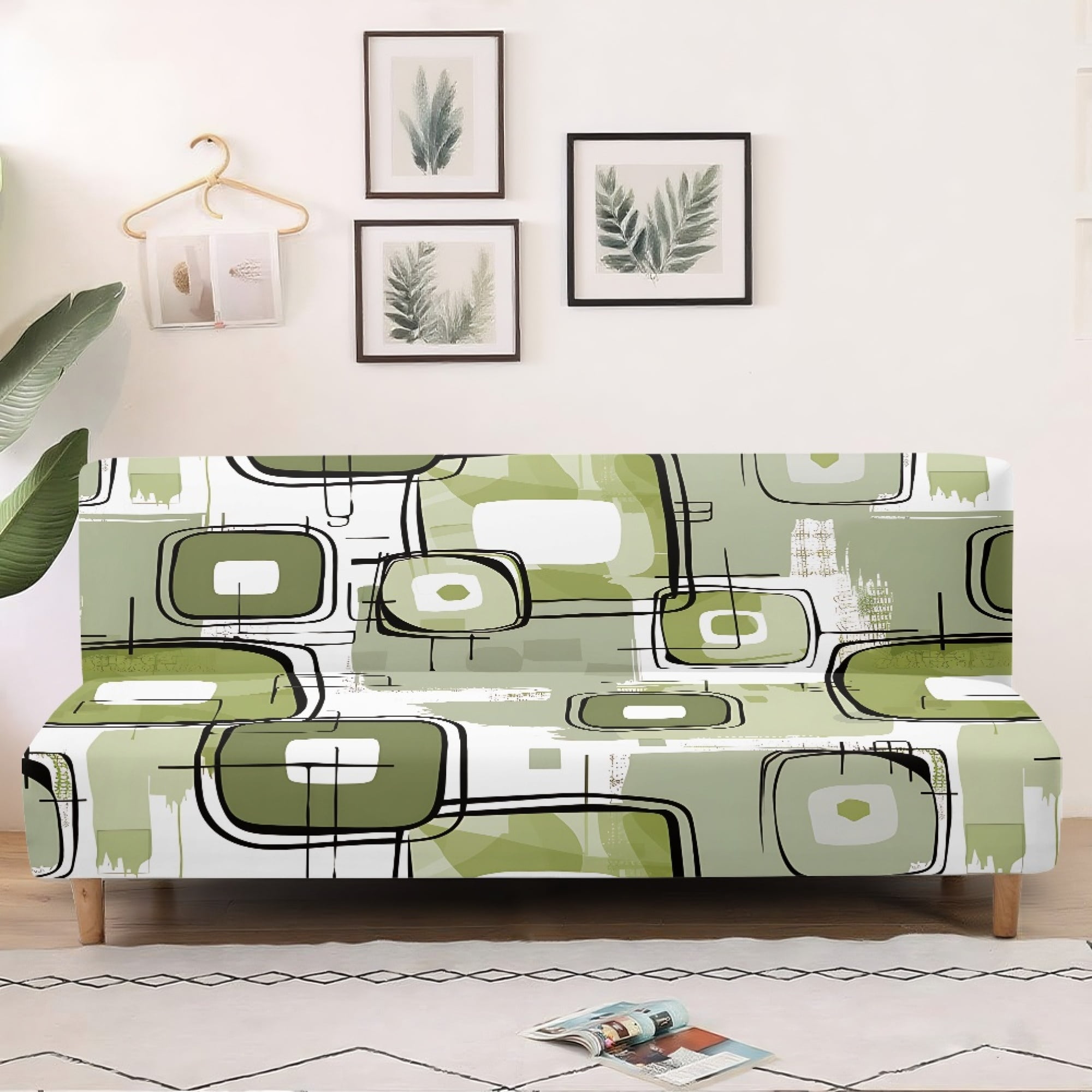 ZIATUBLES Abstract Geometry Armless Sofa Futon Slipcovers, Stretch Couch Cover Dustproof Elastic Furniture Protector Machine Washable for Living Room Bedroom