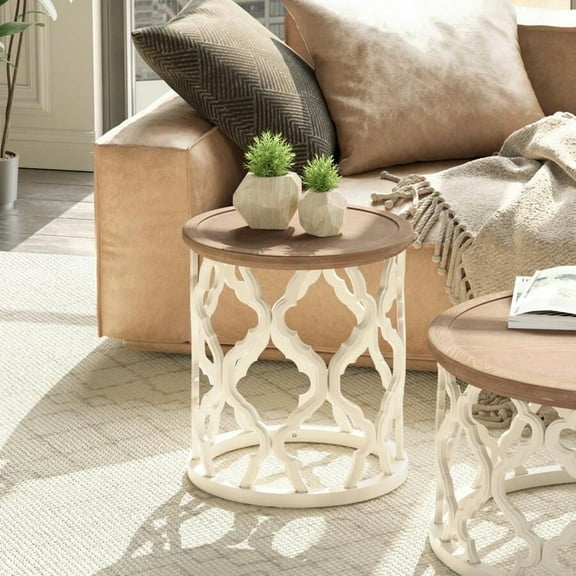 Round End Table (Side Table) - Rustic Farmhouse Style, Distressed Wood Top & Curved Motif Frame Base for Living Room, Bedroom & Boho Decor