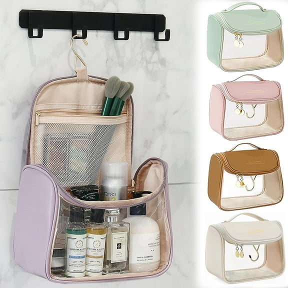 Portable Women's Clear Makeup Bag With Hook,Waterproof Travel Toiletry Bag,Bring Zipper Skincare Cosmetic Bag,Toiletries Organizer Tote Storage Bag