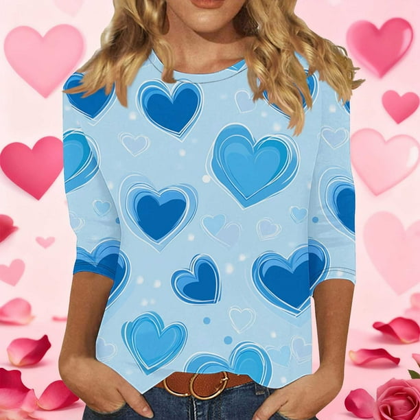 RKSTN Valentines 3/4 Sleeve Tops for Women Oversized Crewneck Valentine's Day Graphic Printed Short Sleeve T Shirt Womens Casual Round Neck Loose Comfy Loves Heart Print Three Quarter Sleeve Shirts