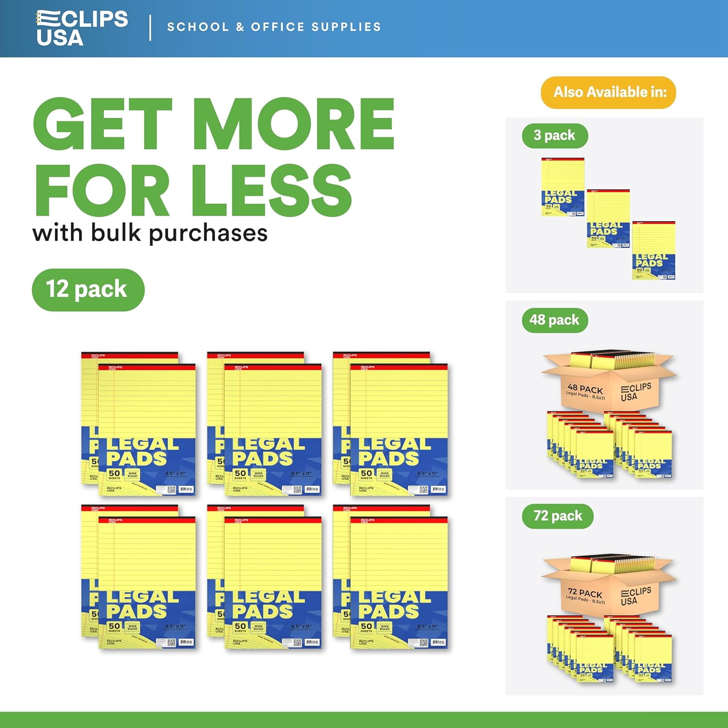 E-Clips USA 50-Sheet Legal Wide Ruled Paper Notepads with Chipboard Back, Canary Yellow, 12-Pack