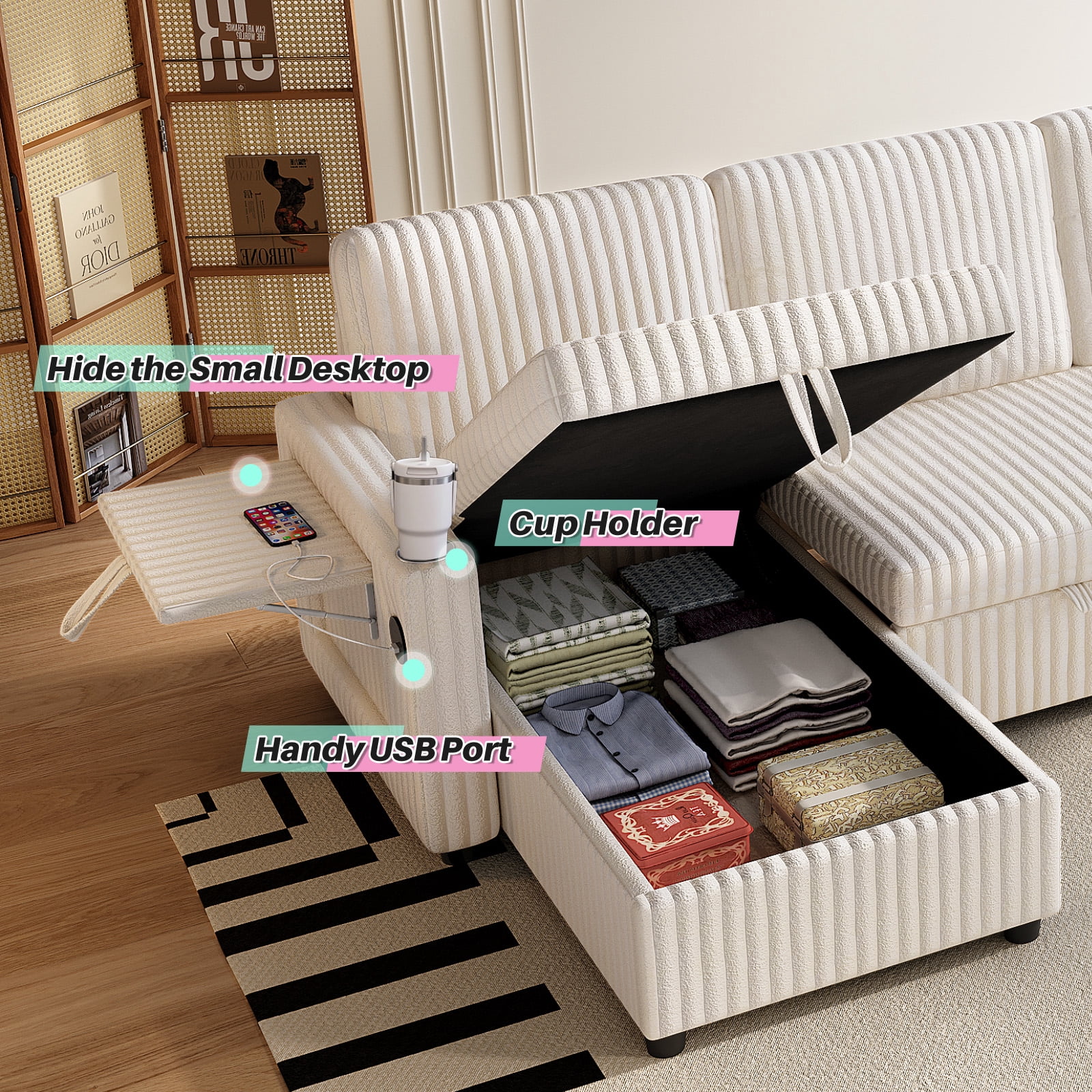 110.6" U-Shaped Convertible Sleeper Sofa Bed with Storage Chaise, Pull Out Sectional Sofa Couch with USB Charging Ports, Cup Holders & Side Pockets, Corduroy Fabric for Living Room, White