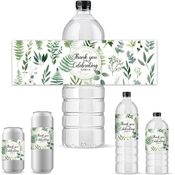 30pcs Water Bottle Labels Green Leaf Thank You Stickers for Wedding Bottel Wraps for Birthday Shower Self Adhesive Bottle Label for Christmas 8.5x2.5 inches
