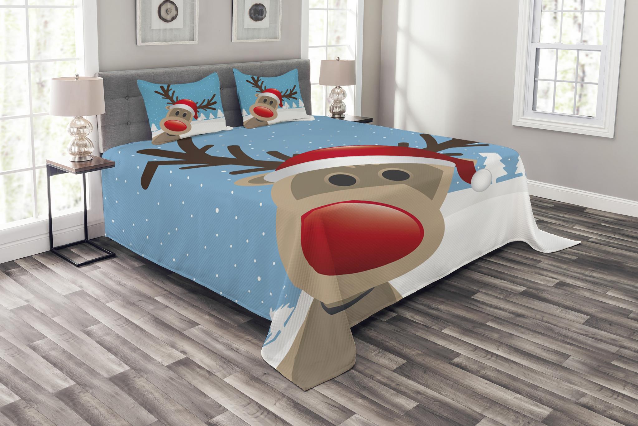 Christmas Bedspread Set, Reindeer Rudolph with Red Nose and Santa Claus