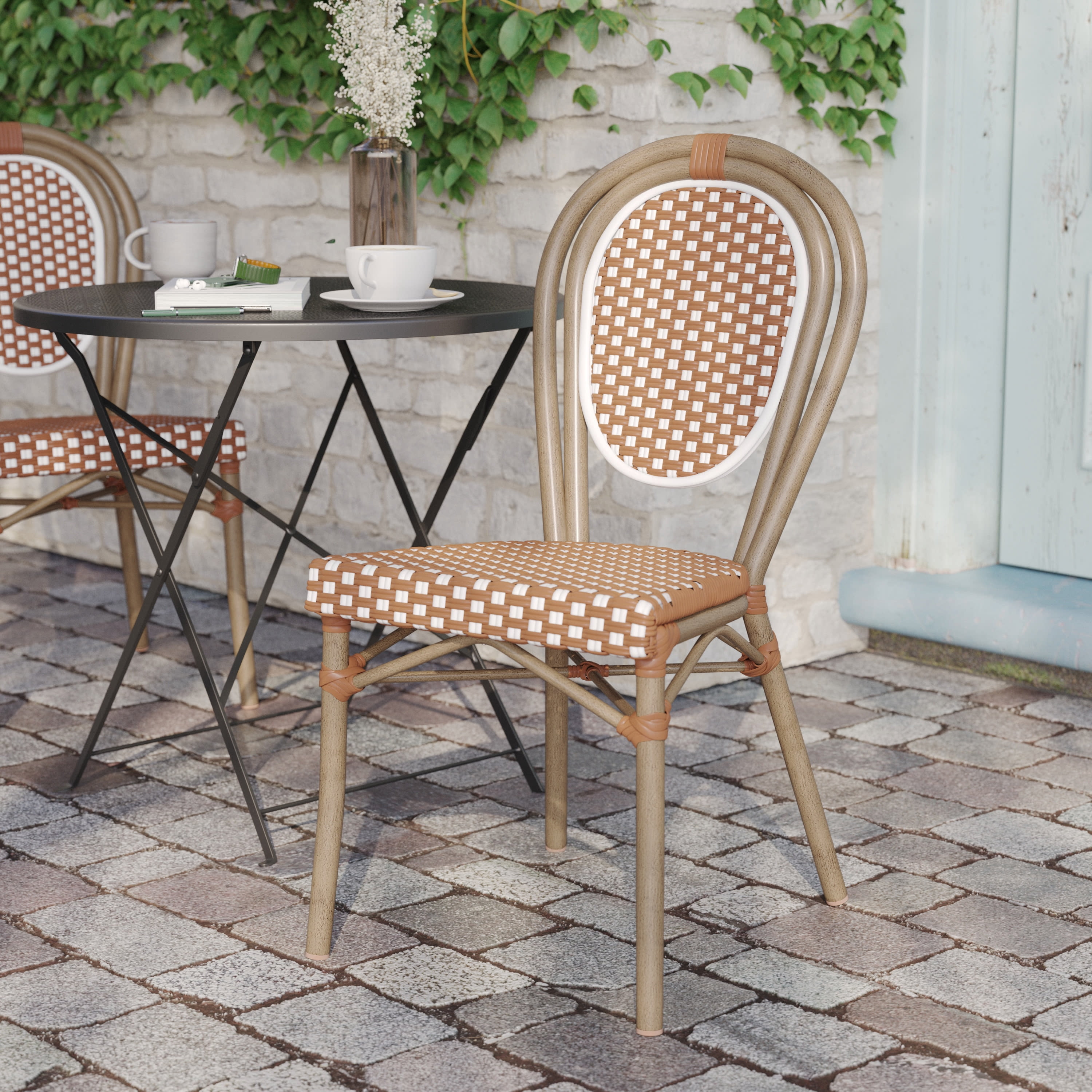 Flash Furniture Lourdes Indoor/Outdoor French Bistro Stacking Chair Natural/White/Light Natural