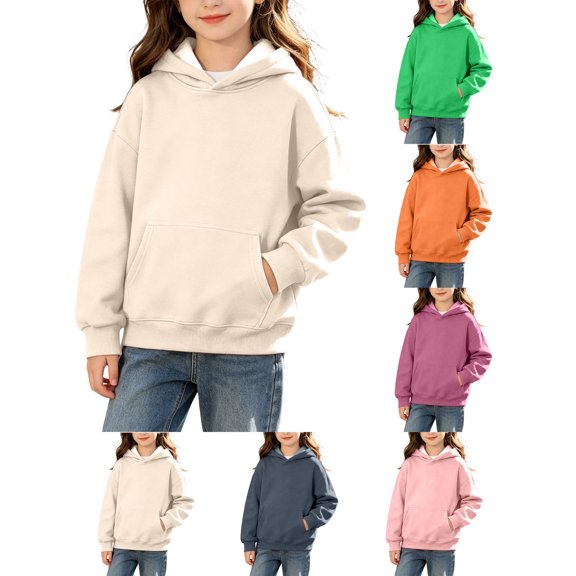 Sevevn Girls Solid Color Hooded Pullover Sweatshirt Long Sleeve Loose Fit Hoodie with Pocket for Kids Casual Daily Wear