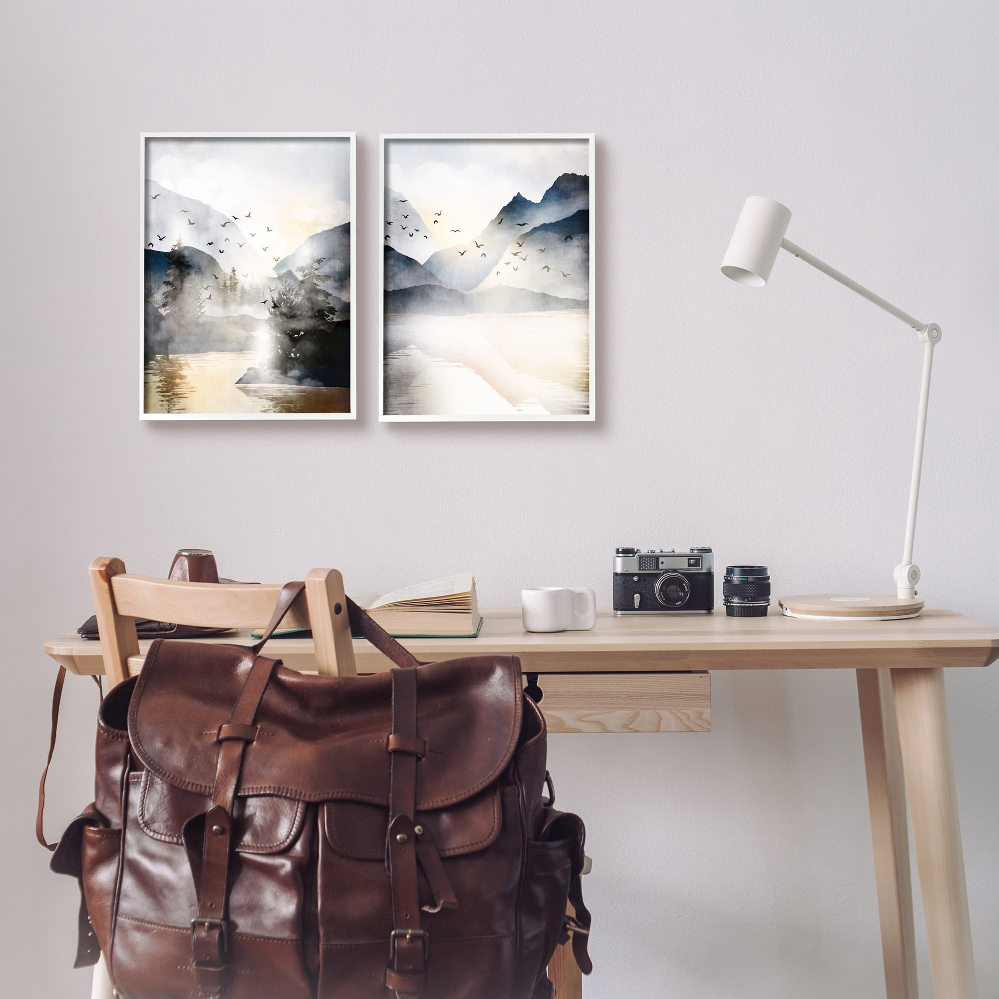 Stupell Sunlit Birds Over Lake Landscape Landscape Painting White Framed Art Print Wall Art, Set of 2