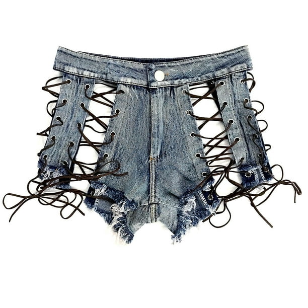 Womens Sexy Ripped Jeans Stretchy Mid Rise Lace Up Hollow out Denim Shorts  Raw Hem Clubwear Booty Shorts Hot Pants 