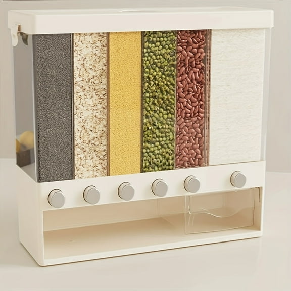 Wall-Mounted 6-Compartment Dry Food Dispenser With Measuring Cup - 25lb Manual Grain & Cereal Storage Container, Transparent Drawers & Durable Plastic For Kitchen Pantry Organization, Multi Food