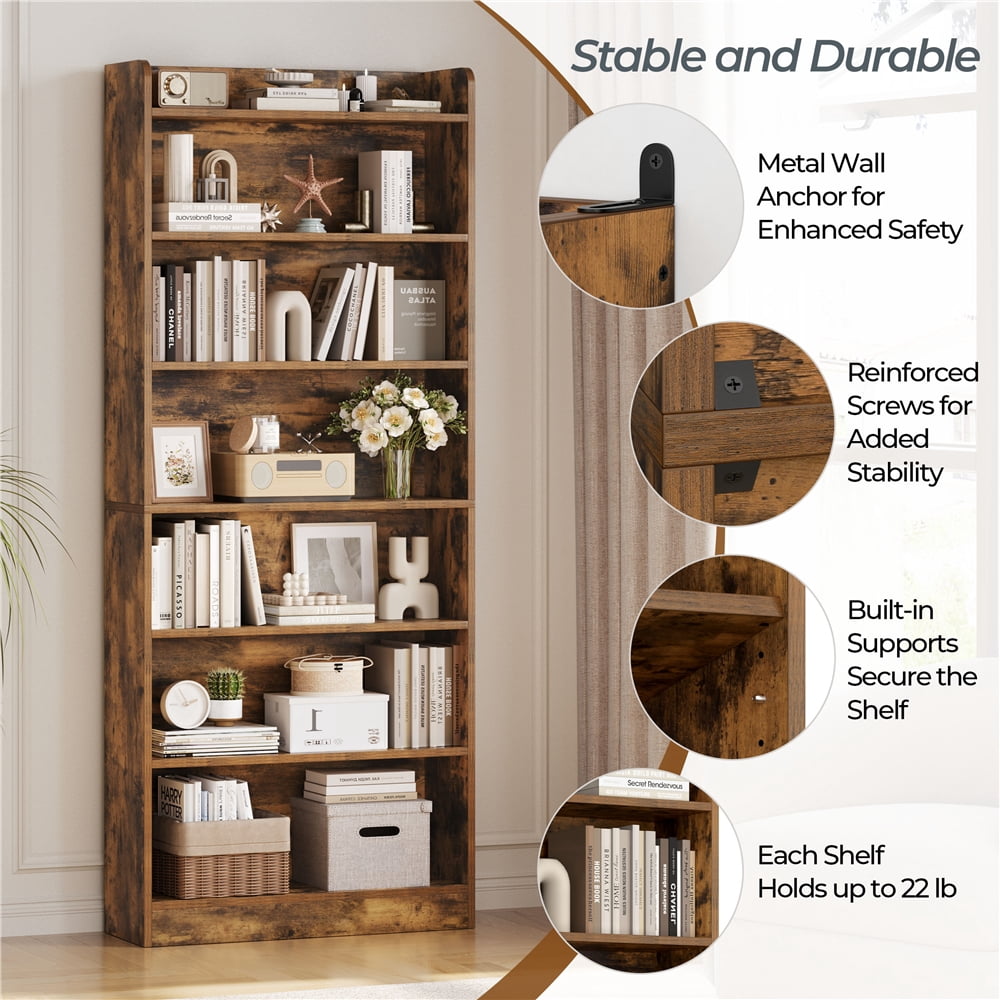 Yaheetech 7-Tier Wooden Bookshelf with Adjustable Open Shelves, Rustic Brown