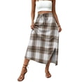 thumbnail image 5 of Women's Plaid Print Elastic Waist Long Skirt Summer Casual Elegant High Waist A-Line Maxi Skirts Khaki XL, 5 of 6