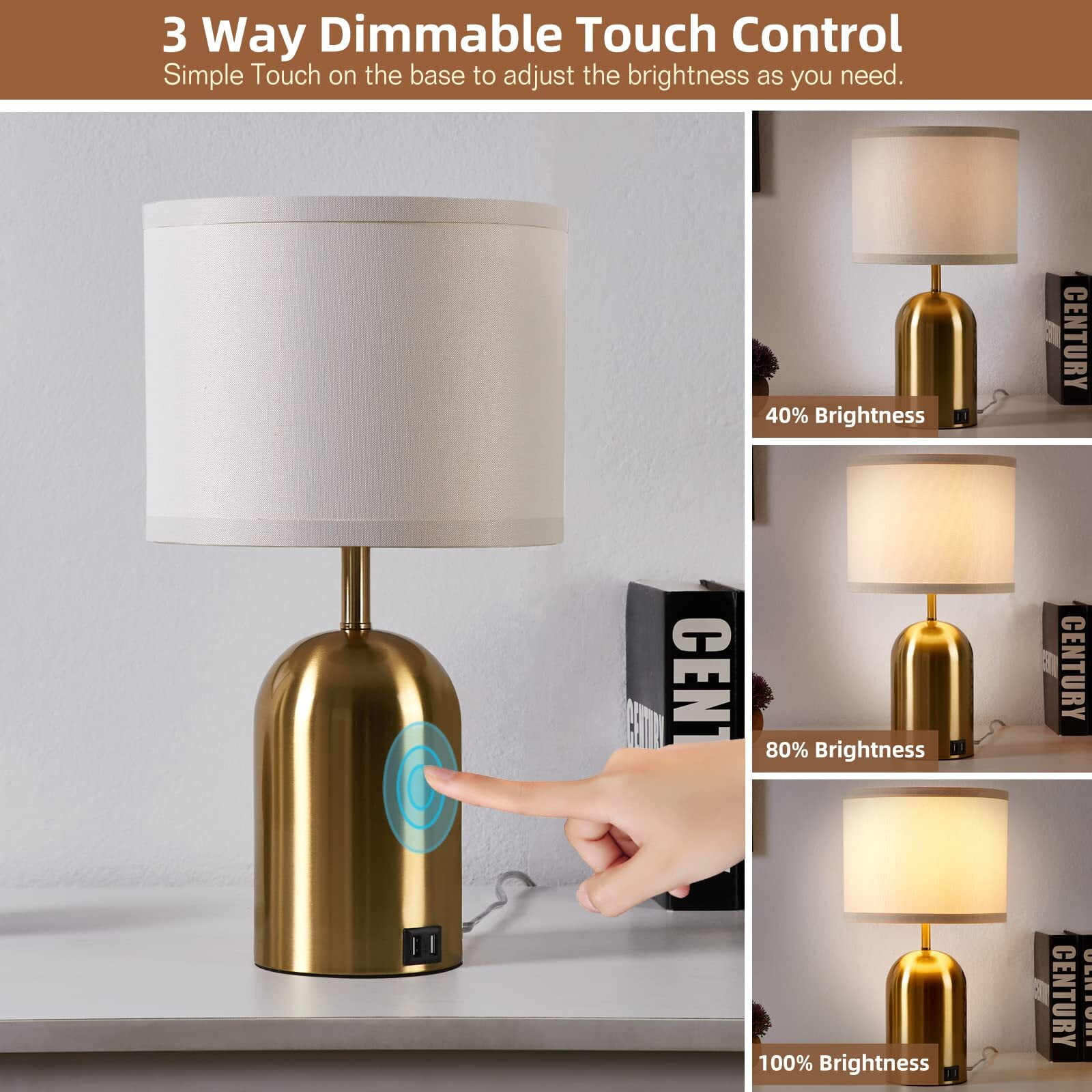 NATYSWAN Touch Control Table Lamps Set of 2, Bedside Table Lamps for Bedrooms Modern Living Room 3 Way Dimmable Gold Bedside Lamp for End Table with 2 USB Charging Ports, 2 Bulbs Included