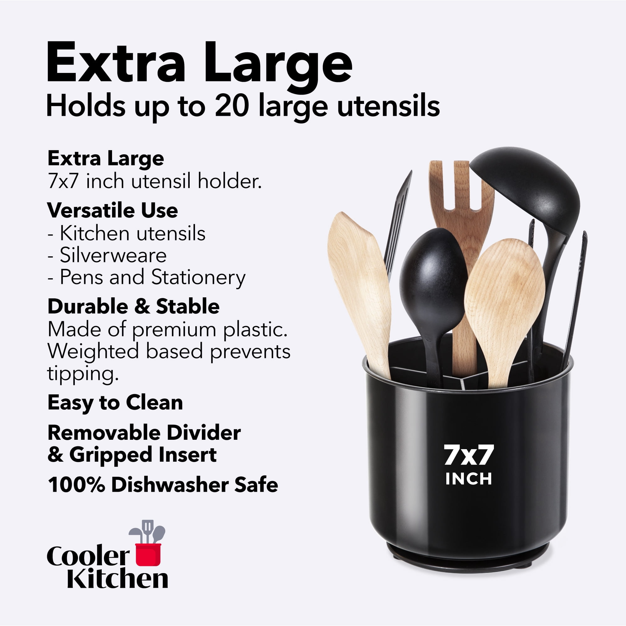 Cooler Kitchen Plastic Rotating Utensil Holder Crock, Extra Large Blue, Weighted No-Tip Base, Removable Divider, Dishwasher Safe