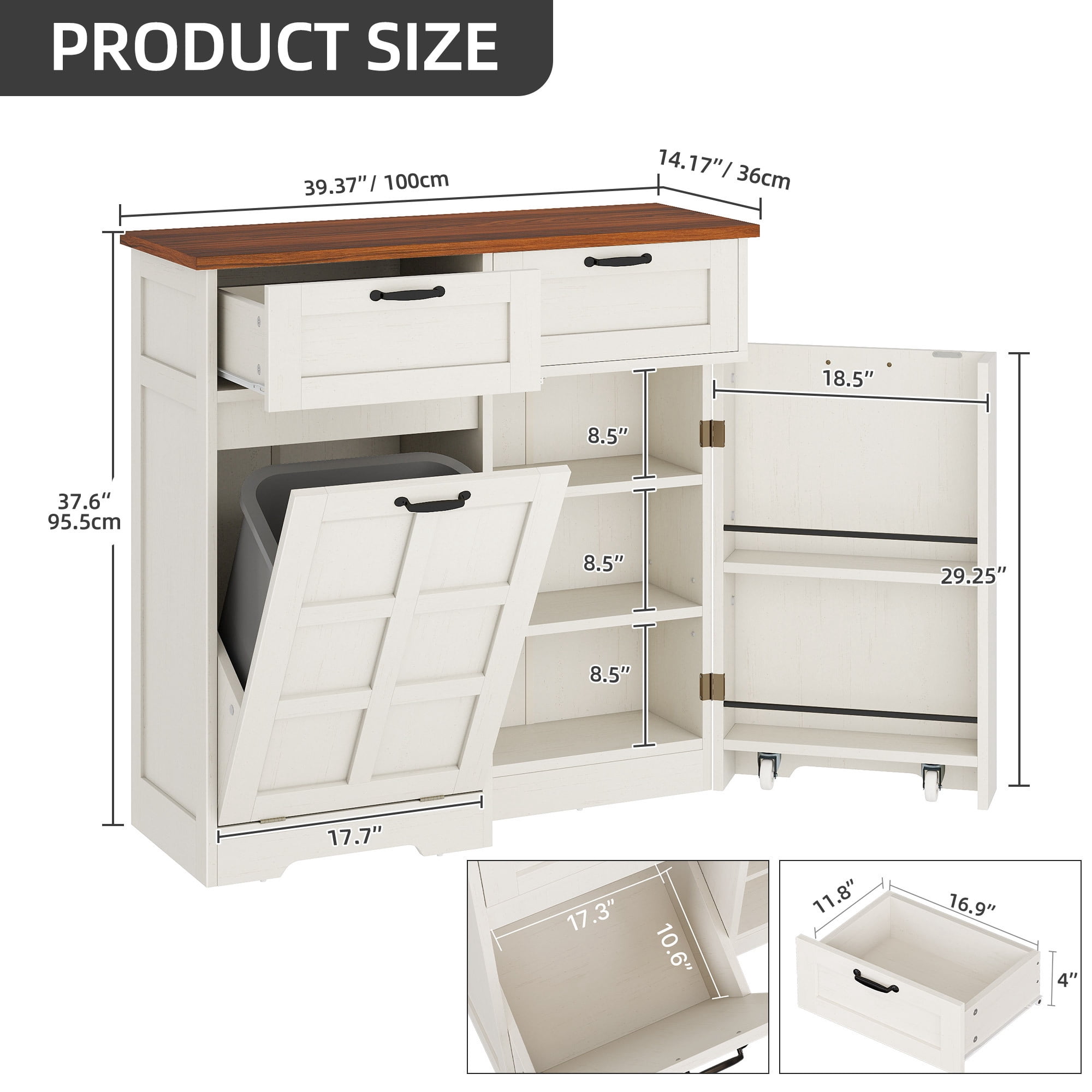 Uforic Kitchen Storage Buffet Cabinet for 10-gal Trash Bin, Tilt Out Trash Cabinet with Drawers & Shelves, White