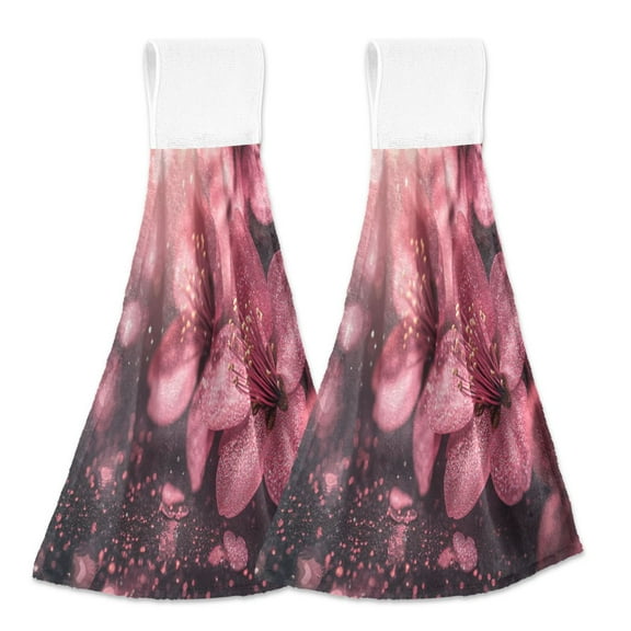 BZSMCE Hanging Hand Towels Fashion Pink Glittery Flowers Pattern 2-Pack - Velcro Style Bathroom Kitchen Towels