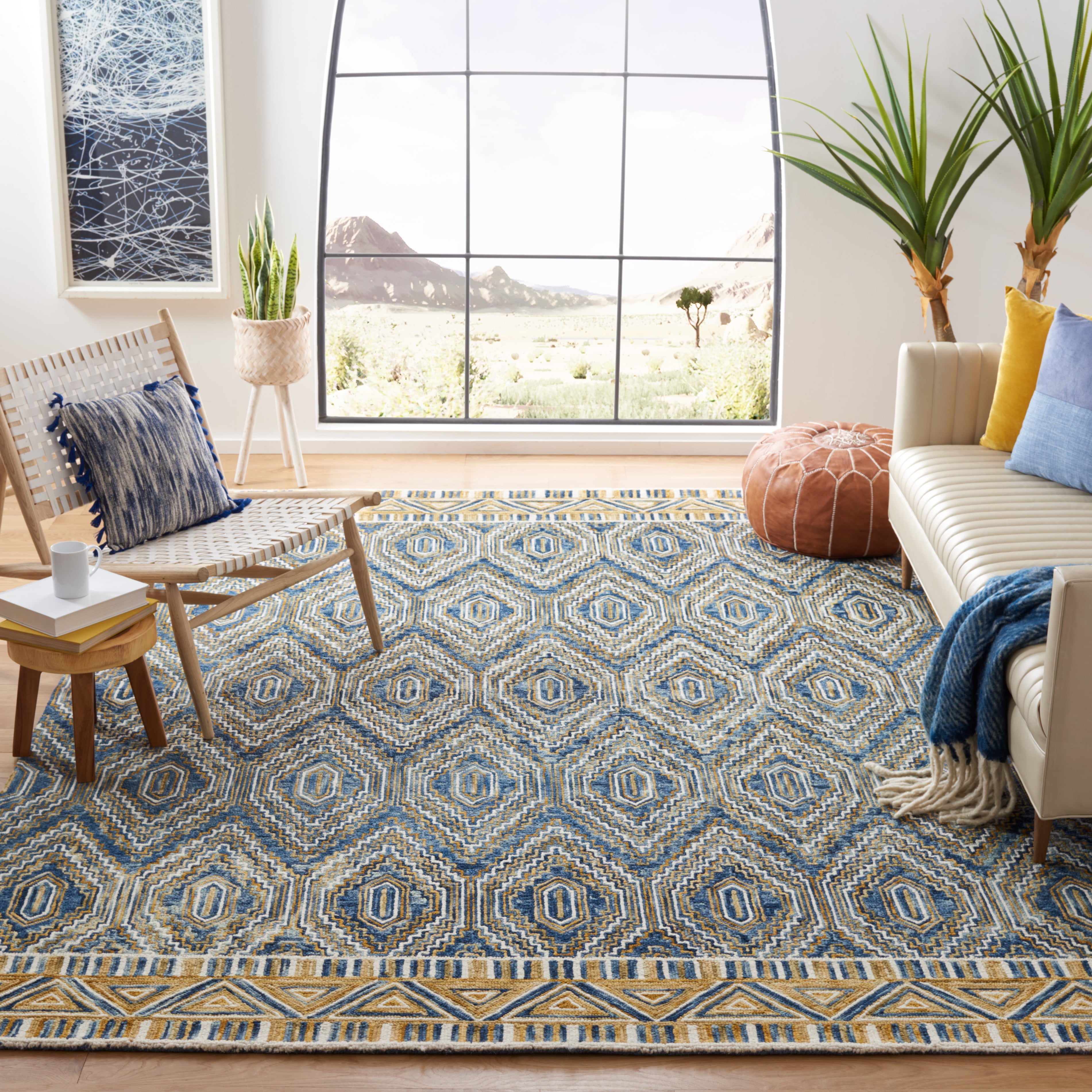SAFAVIEH Aspen Sylvester Geometric Wool Area Rug, Blue/Gold, 7' x 7' Square