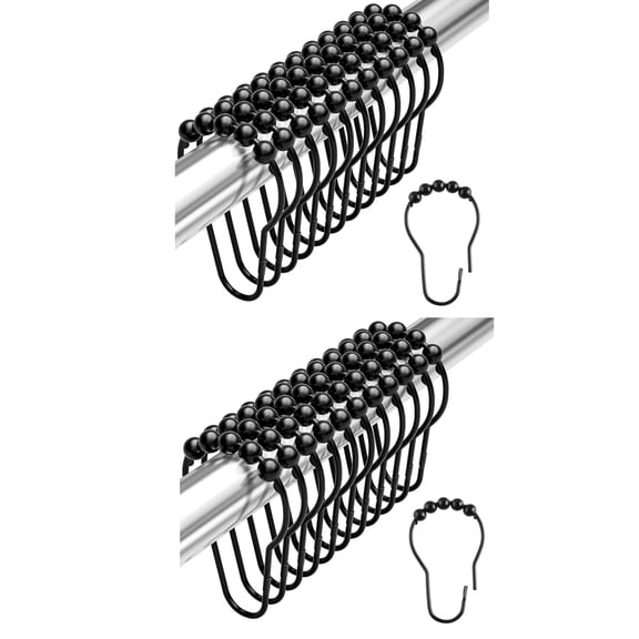 Shower Curtain Rollerball Hooks, Easy Gliding, Black, Set of 36