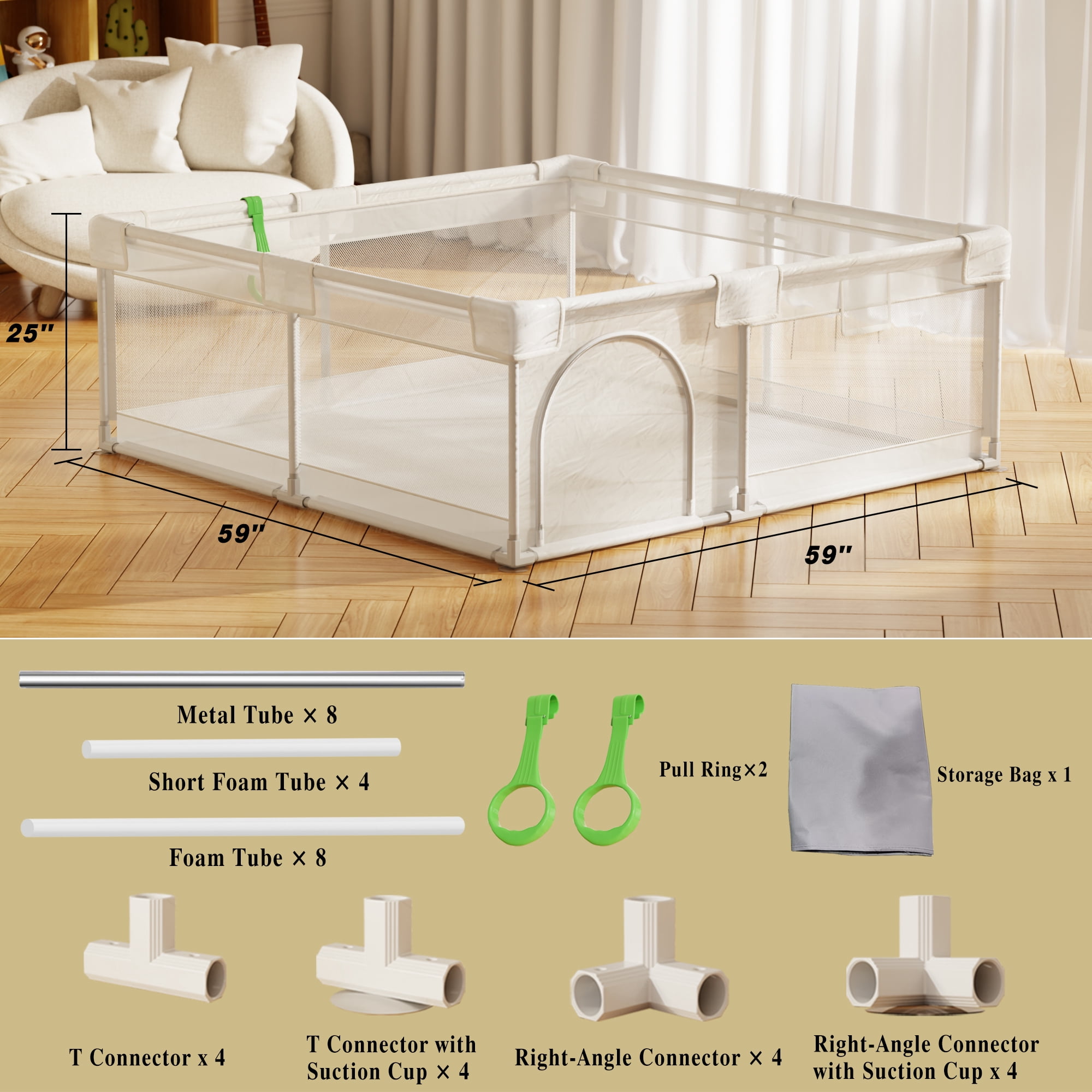 NimbleRest 60"x60" Large Baby Playpen Toddler Play Yards Safety Fence, Light Gray