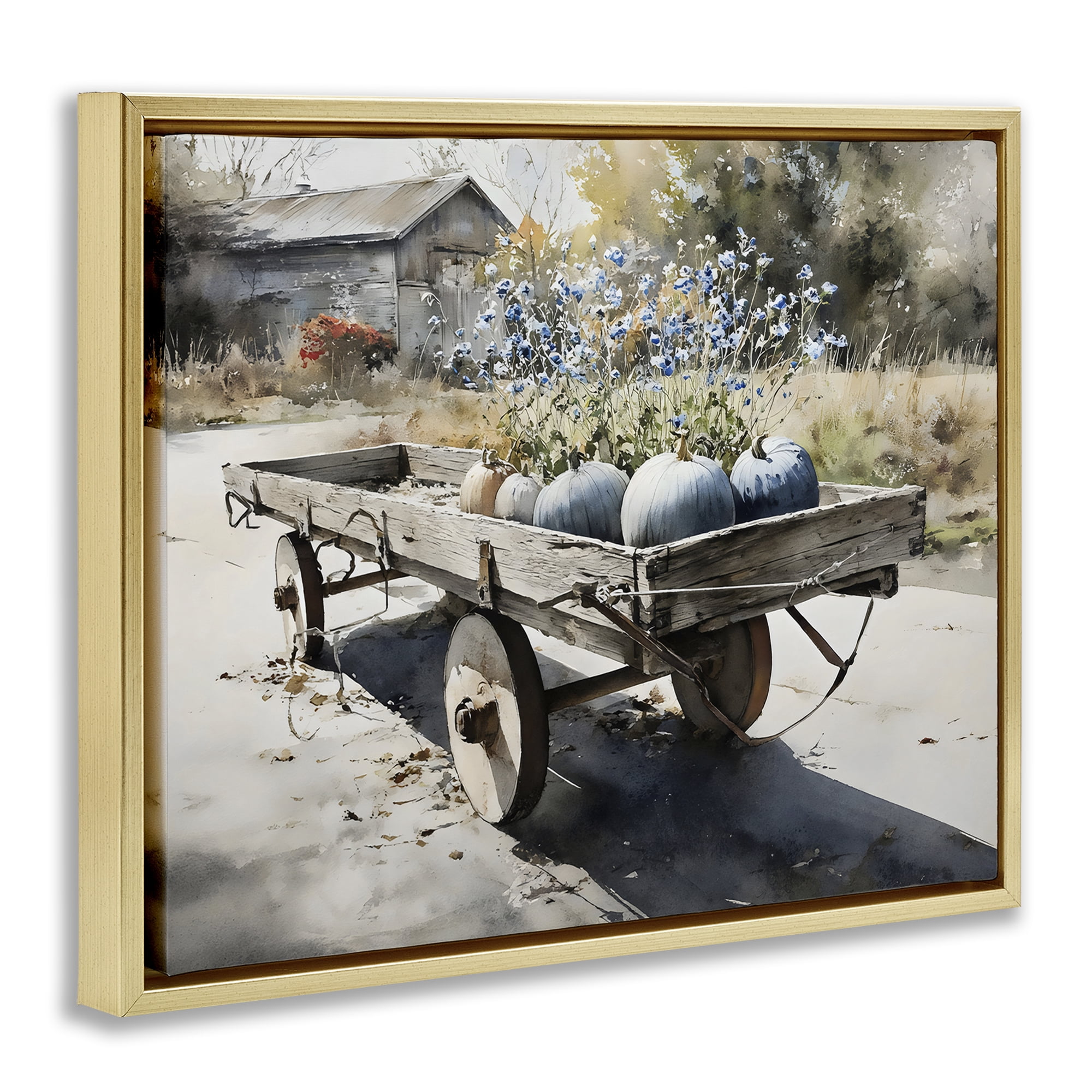 Stupell Industries Blue Pumpkin Wagon in Sunlight Gold Framed Floater Canvas Wall Art, design by Franklyn Gregory