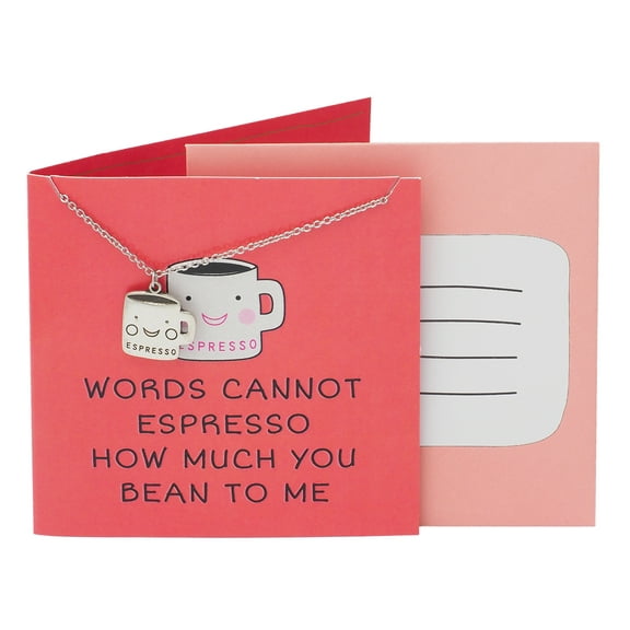 Quan Jewelry Coffee Cup Necklace, Words Cannot Espresso How Much You Bean To Me, Funny Pun Birthday Greeting Card, Adjustable Stainless Steel Chain from 16 to 18 inches