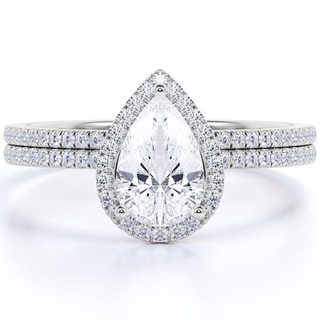JeenMata 1.25 Carat pear cut Moissanite Wedding Ring Set in 18k White Gold Over Silver