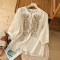 thumbnail image 2 of Womens Tops Floral Cotton Linen Tunic Tshirt Tee 3/4 Sleeve V Neck Button Boho Ethnic Embroidered Tops Breathable Summer Style Cotton 1Pc Short Sleeve Xl Shirts for Women, 2 of 3