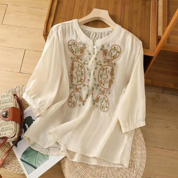 Womens T Shirts Embroidered Tops for Women Floral Cotton Linen Tunic Tshirt Tee Women 3/4 Sleeve V Neck Button Boho Ethnic Tops for Women