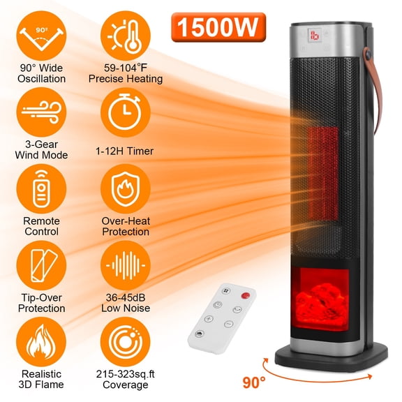 TeqHome 1500W Space Heater for Indoor Use 120° Oscillating Portable Electric Heater with 3D Flame 3 Wind Modes Remote Control 12 Timer Overheat Tip-Over Protection for Bedroom Living Room