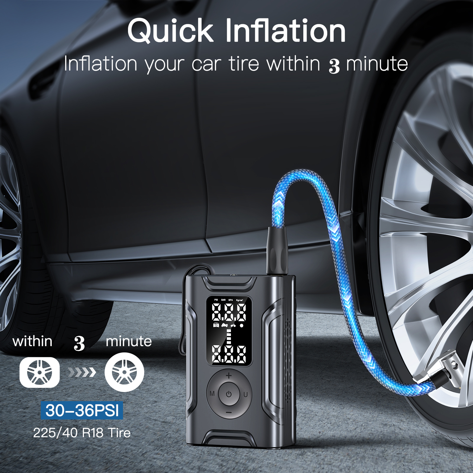 Tire Inflator Portable Air Compressor,145 PSI Cordless Mini Tire Pump Auto Shutoff Function & LED Light for Car