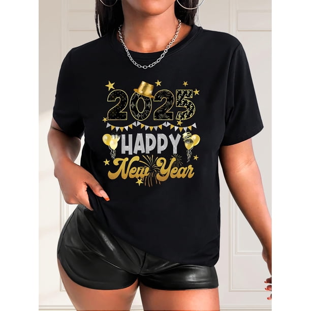 Camiseta para mujer veranoGraphic Glam, Women's Casual Fashion T-Shirt with New Year Hat & Fireworks Print - Crew Neck, Short Sleeve, Breathable Polyester - Perfect for Spring/SummerFather's Day, Mo