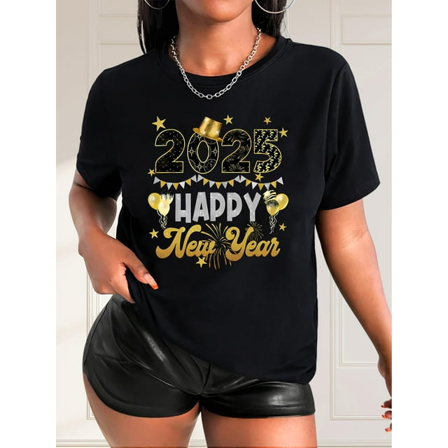 Camiseta para mujer veranoGraphic Glam, Women's Casual Fashion T-Shirt with New Year Hat & Fireworks Print - Crew Neck, Short Sleeve, Breathable Polyester - Perfect for Spring/SummerFather's Day, Mo