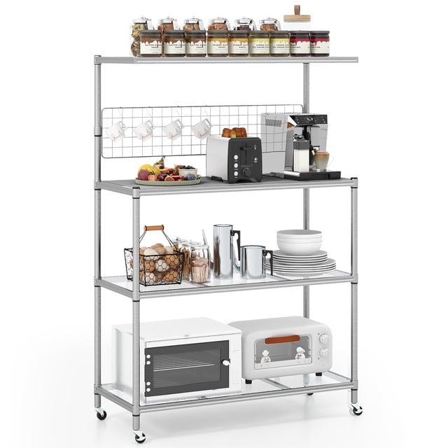 Gymax 4-Tier Coffee Bar Table w/Adjustable Shelves S Hooks Hanging Net & Shelf Liner