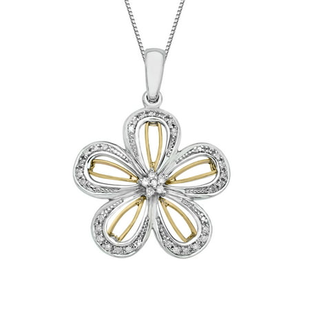 Duet 1/8 ct Diamond Flower Pendant Necklace in Sterling Silver & 14kt Rose Gold