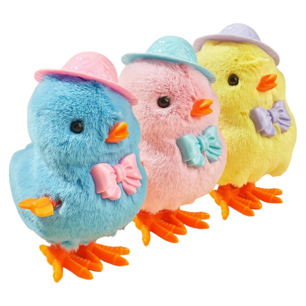 3 juguetes de peluche de cuerda con mecanismo de relojería, pollitos saltarines, pollos saltadores.
