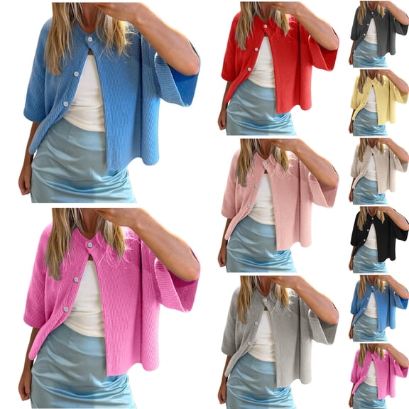 Womens Cardigan Sweaters Relaxed Fit Button Up Knit Half Sleeve Cardigan Sweaters Casual Solid Color Sweaters for Women
