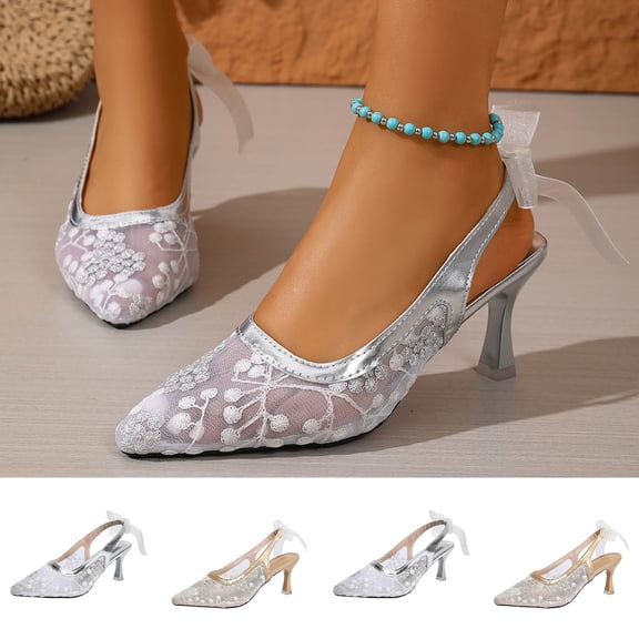 Miluxas Lace Mesh Slingback Heels for Women Embroidered Kitten Heels Bridal Shoes Pointed Toe Wedding Pumps Silver 9.5(43)