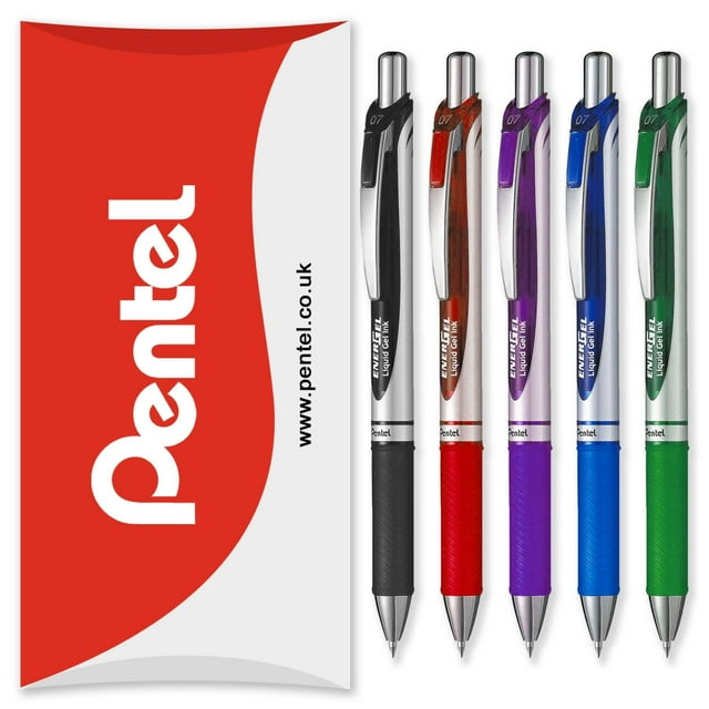 Pentel Energel BL77 Retractable Gel Ink Rollerball Pens, 0.7mm, Assorted Ink Colors, 5 Pack. The image shows five pens with a sleek metallic barrel and rubberized finger grips in black, red, violet, blue, and green. Each pen features a 0.7mm nib for smooth writing and fast-drying EnerGel liquid gel ink. The pens are displayed alongside a Pentel-branded card wallet.