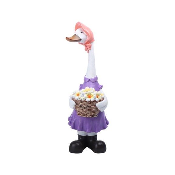 DAMAI 11.8inch Garden Goose Statue Resin Couple Geese Figurines Holding a Colorful Flower Basket Weatherproof Cute Animal Sculpture for Outdoor Lawn Patio Porch Housewarming (Purple)