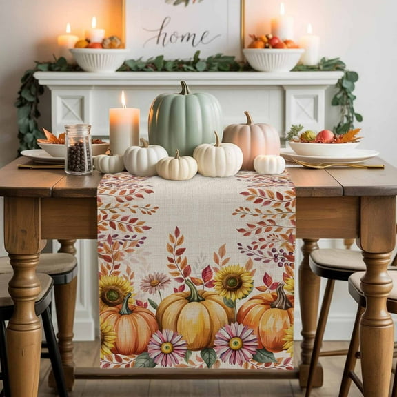 Fall Thanksgiving Cotton Linen Table Runner, Washable Table Runners for Kitchen, Dining Room, Holiday, Home Party Table Decor, 13x108 Inches