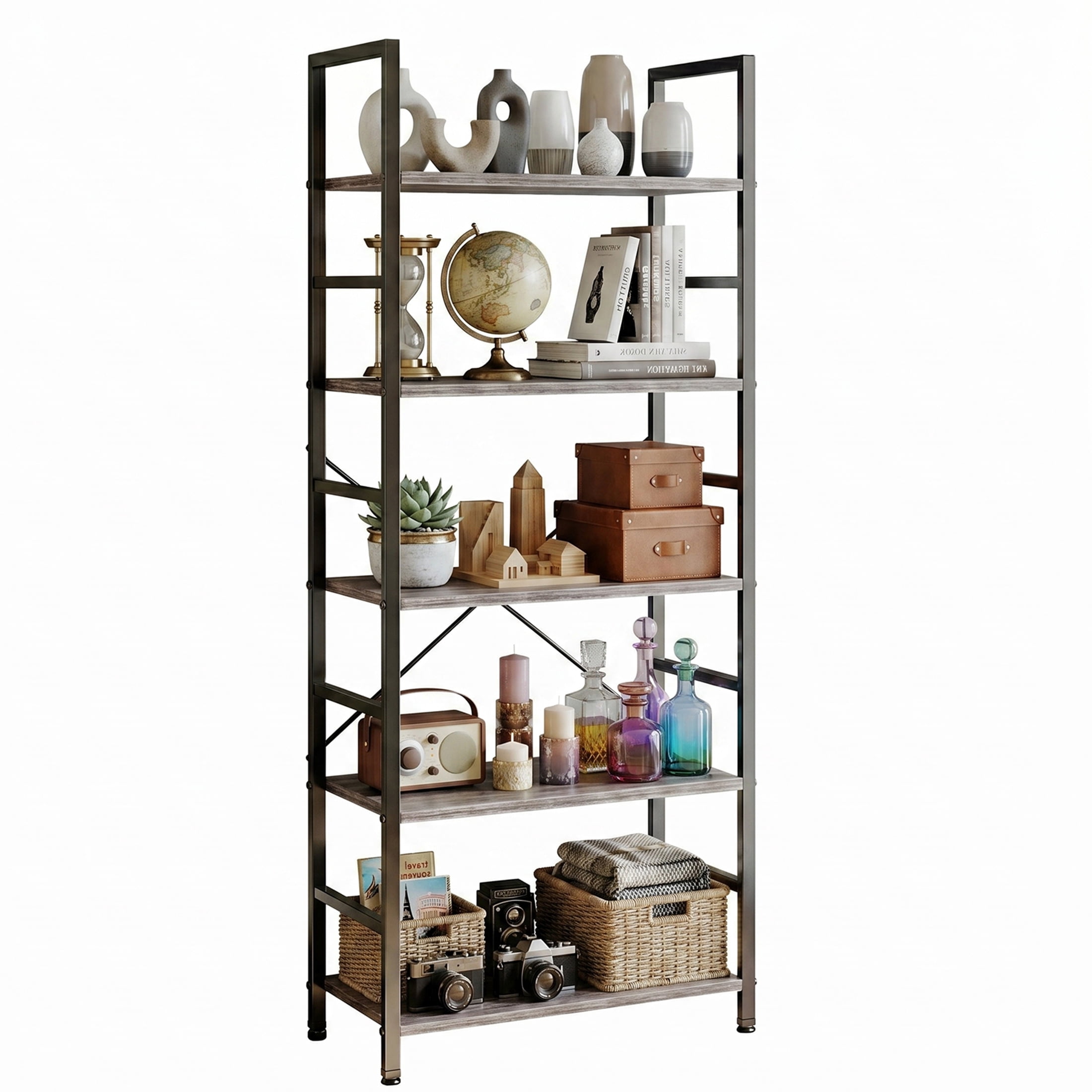 CONCETTA Bookshelf, 5-Tier Small Industrial Storage Shelf & Shelves, Metal Bookcase for Home Office, Living Room, Wood Gray