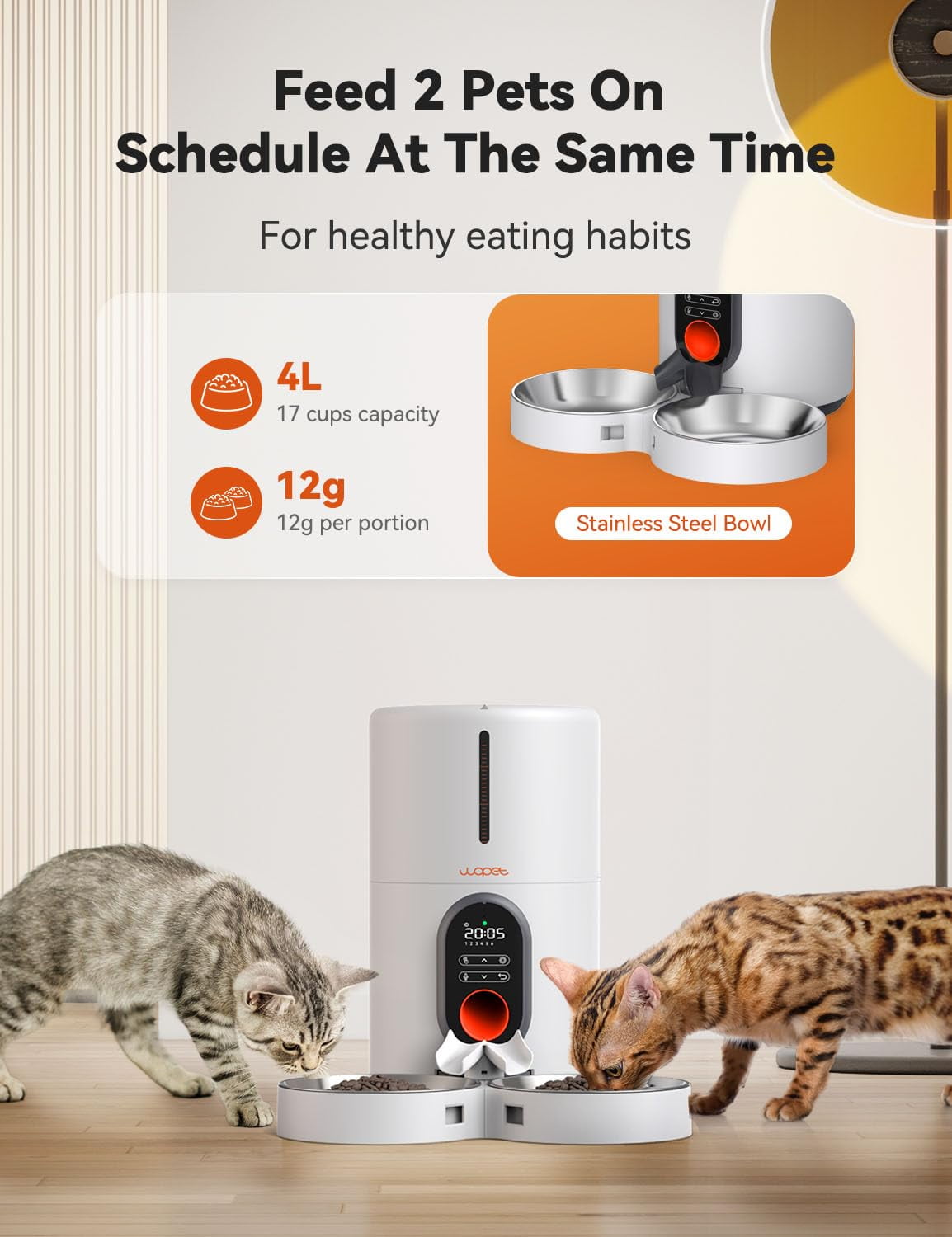WOPET Automatic 4 L Dual Bowl Feeder with Voice Recording for Small Pets