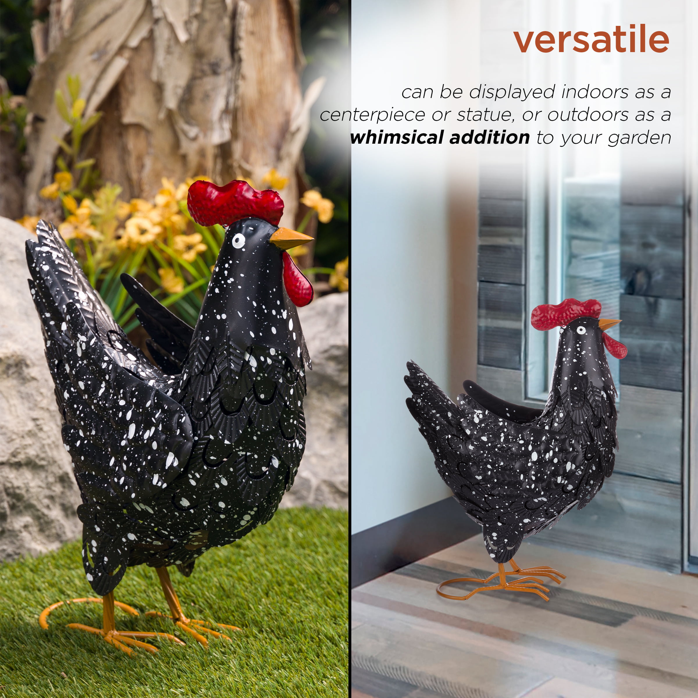 Alpine Corporation, Glossy Metal Rooster Decor with Dark Red Tail, Model#  HEH472