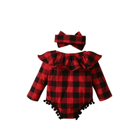 

Izhansean Newborn Baby Girl Christmas Plaid Romper Long Sleeve Bodysuit Ruffle Tassels Headband 2Pcs Set Red 0-3 Months